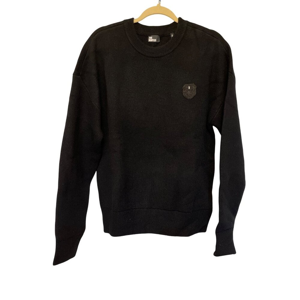 The Kooples Mens Black Knitted Wool Blend Crewneck Sweater W/Crest Patch Size M